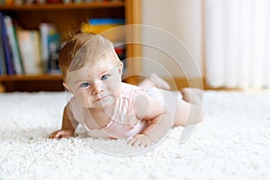 Little funny baby girl lifting body and learning to crawl.