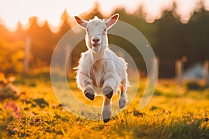 Little funny baby goat jumping in the summer field.AI generative