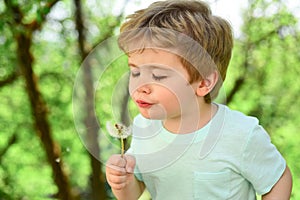 Little funny boy blowing dandelion. Happy small boy blowing dandelion flower outdoors. Child having fun in spring park