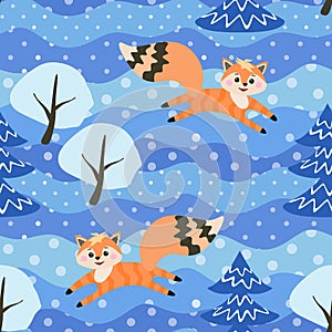 Little funny foxes frolic in the winter forest among the snow-covered trees. Seamless pattern in vector