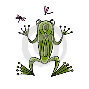 Little funny frog with fly. Isolated on white background. Cartoon for your design