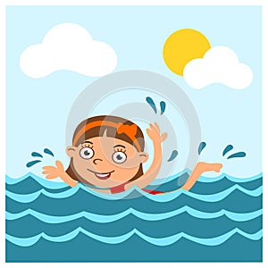 Little funny girl in cartoon style swims in the sea in summer