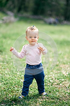 Little funny girl walking in a green meadow