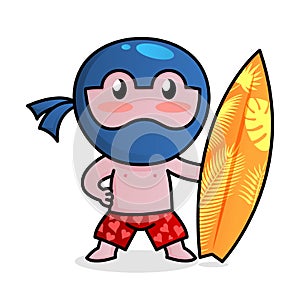 Little funny ninja surfeng in swimming trunks. Secure Ninja Proxy Concept