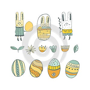 Little funny rabbits, Easter eggs with botanical elements set doodle style. Happy easter hand drawn isolated on white