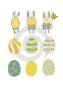 Little funny rabbits, Easter eggs with botanical elements set doodle style. Happy easter hand drawn isolated on white