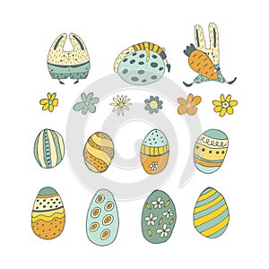 Little funny rabbits, Easter eggs with botanical elements set doodle style. Happy easter hand drawn isolated on white