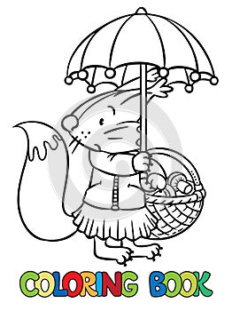 Little funny squirrel with umbrella. Coloring book