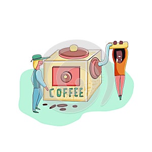 Little funny stylized characters grind coffee beans on a coffee grinder. Vector illustration. Cutie cartoon characters