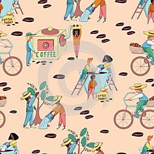 Little funny stylized characters make espresso with cream and harves coffee and water coffee tree .Vector seamless pattern
