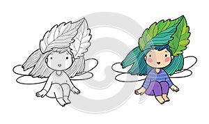 Little garden fairy leaf. Cute funny girl with wings. Illustration for coloring books. Monochrome and colored versions