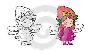 Little garden fairy Strawberry. Cute funny girl with wings. Illustration for coloring books