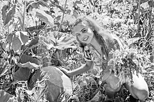 Little gardener girl working at farm, growing huge pumpkin