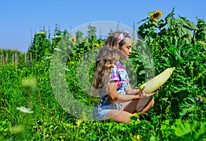 Little gardener girl working at farm, growing organic food