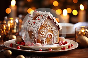 Little gingerbread house with glaze standing on dinner table with Christmas decorations and candles. Living room with lights and