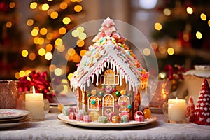 Little gingerbread house with glaze standing on dinner table with Christmas decorations and candles. Living room with lights and