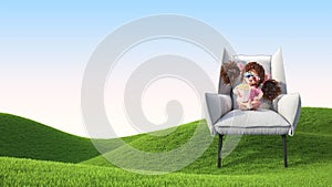 A little girl in 3D glasses sits on a chair on a green field. 3D renderer