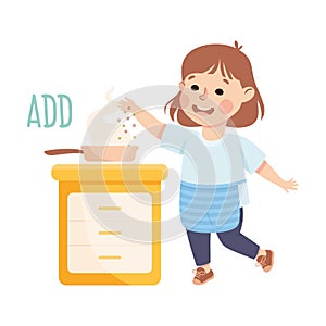 Little Girl Adding Spice in Frying Pan Demonstrating Vocabulary and Verb Studying Vector Illustration