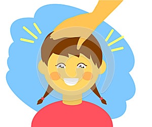 Little girl and adult support. Pat your child on the head. Cartoon. Vector