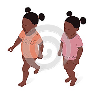 Little girl of afro ethnic origin, standing and walking, isometric view, full body. Vector illustration