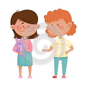 Little Girl with Aggressive Face Expression Going to Take Away Toy Hare from Her Agemate Vector Illustration photo