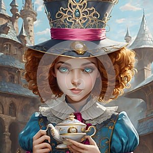 little girl Alice dressed in fashionable hat from wonderland holding tea cup. close up. Digital artwork. Ai generated