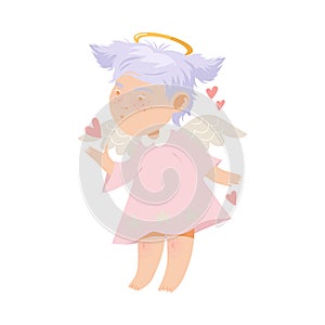 Little Girl Angel with Nimbus and Wings Sending Heart and Kisses Vector Illustration