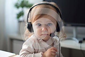 Little girl as call center employee funny job baby illustration