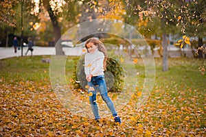 Little girl in autumn orange leaves. happy little child, baby girl laughing and playing in the autumn on the nature walk outdoors.