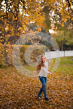 Little girl in autumn orange leaves. happy little child, baby girl laughing and playing in the autumn on the nature walk outdoors.