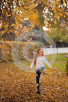 Little girl in autumn orange leaves. happy little child, baby girl laughing and playing in the autumn on the nature walk outdoors.