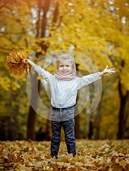 Little girl in autumn Park with leaves in her hands
