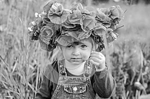 Little girl baby playing happy on the poppy field with a wreath, a bouquet of color A red poppies and white daisies, wearing a den