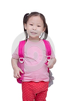 Little girl with backpack isolated over white