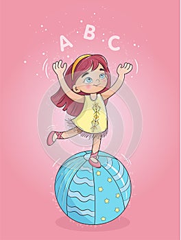 Little girl on a ball juggles with ABC letters. Educational poster for children.