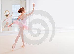 Little girl ballerina dancer in tutu learning ballet dance at dance school