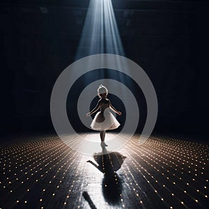 little girl ballerina on an empty dark stage.