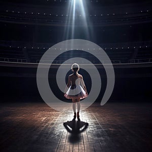 little girl ballerina on an empty dark stage. Generative AI