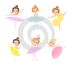 Little Girl Ballerina in Tutu Skirt and Pointe Shoes Dancing Ballet Vector Set