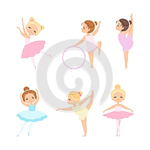 Little Girl Ballerina in Tutu Skirt and Pointe Shoes Dancing Ballet Vector Set