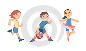 Little Girl Ballet Dancing and Boy Playing Basketball Doing Sport Vector Set