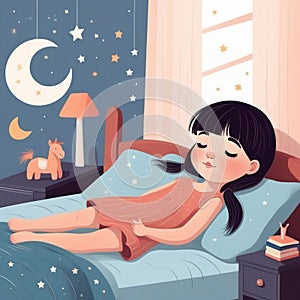 A little girl with bangs and a pony tail, sweet dreams. illustration style for kids.