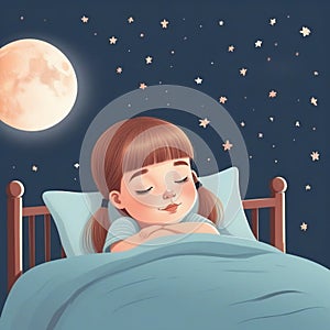 A little girl with bangs and a pony tail, sweet dreams. illustration style for kids.