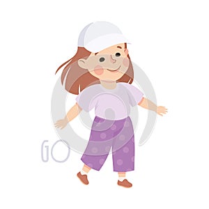 Little Girl in Baseball Cap Going Demonstrating Vocabulary and Verb Studying Vector Illustration
