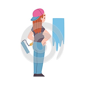 Little Girl in Baseball Cap Holding Paint Roller and Coloring Wall Vector Illustration