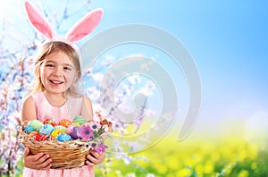Little Girl With Basket Eggs And Bunny Ears-Easter