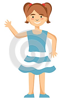 Little girl in beautiful blue summer dress waving hi over white background.