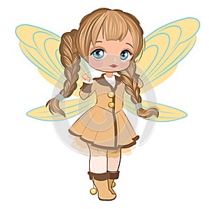 Little girl in a beautiful dress with butterfly wings. Flirts. Beautiful fashionable fairy child. The isolated object on