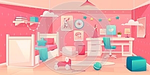 Little girl bedroom cozy interior cartoon vector