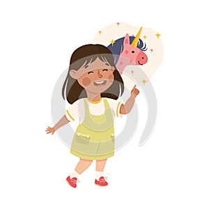 Little Girl Believing in Fairy Unicorn Creature Vector Illustration